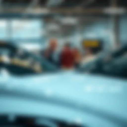 A dealer presenting a car at an auction, with interested bidders looking on and discussing among themselves.