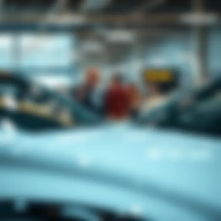 A dealer presenting a car at an auction, with interested bidders looking on and discussing among themselves.