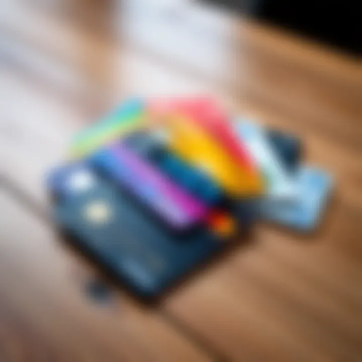 A collection of physical debit cards representing different spending categories for family budgeting, arranged on a wooden table.