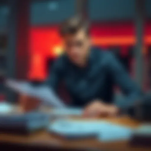 A person reviewing bills and loan options at a table, looking concerned about their debt situation.