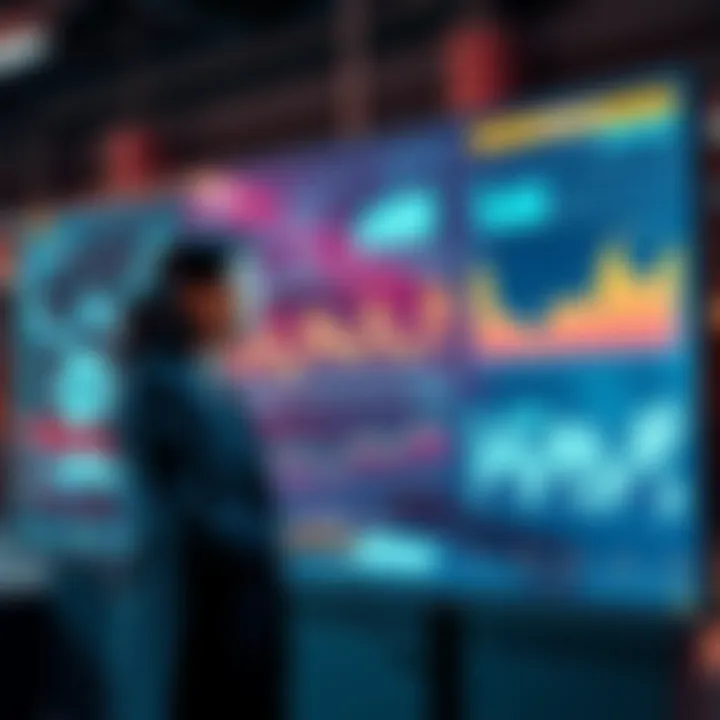 Two business professionals discussing blockchain technology, with digital charts on a screen showing data integrity and accountability in operations.