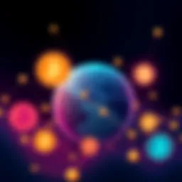 Decentralized Finance Illustration A visual representation of Decentralized Finance with digital currency symbols and a globe indicating global financial connections amidst tension.