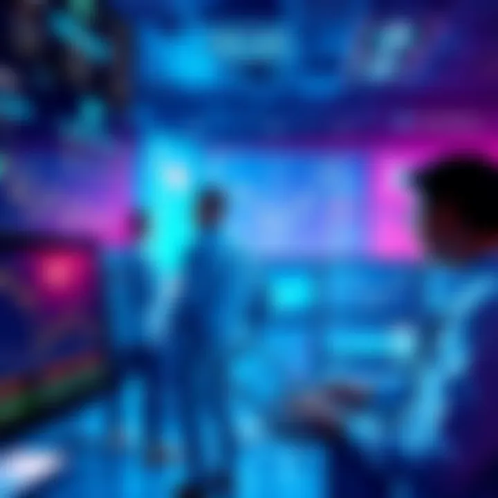 Decentralized Trading on Solana Traders engaging with decentralized platforms on Solana, showcasing charts and cryptocurrencies on screens.