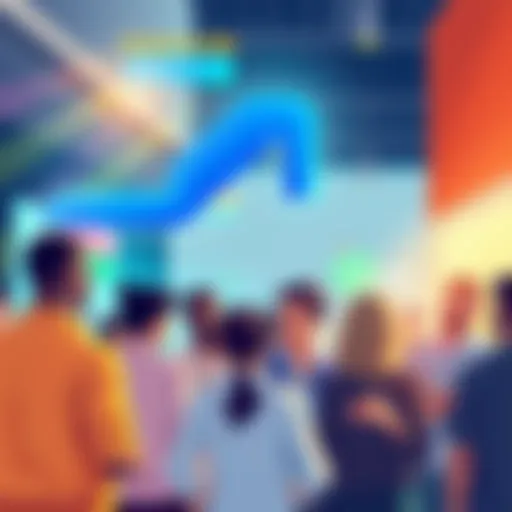 An illustration showing a diverse group of people discussing a new decentralized cloud marketplace, highlighting user reviews and community feedback.