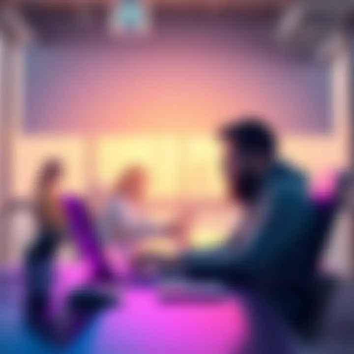 A developer working on a laptop with a diverse team collaborating online, representing a decentralized platform for innovative work.