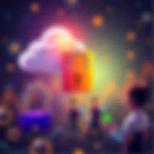 A digital illustration showing a lock and a cloud representing secure data storage, alongside icons of people accessing their information on various devices.