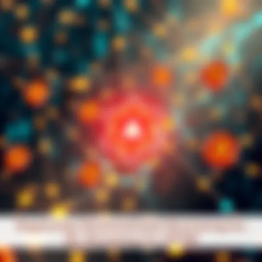 A digital representation of decentralized lending and borrowing concepts with ATOM cryptocurrency symbols and transactions visualized in a blockchain network