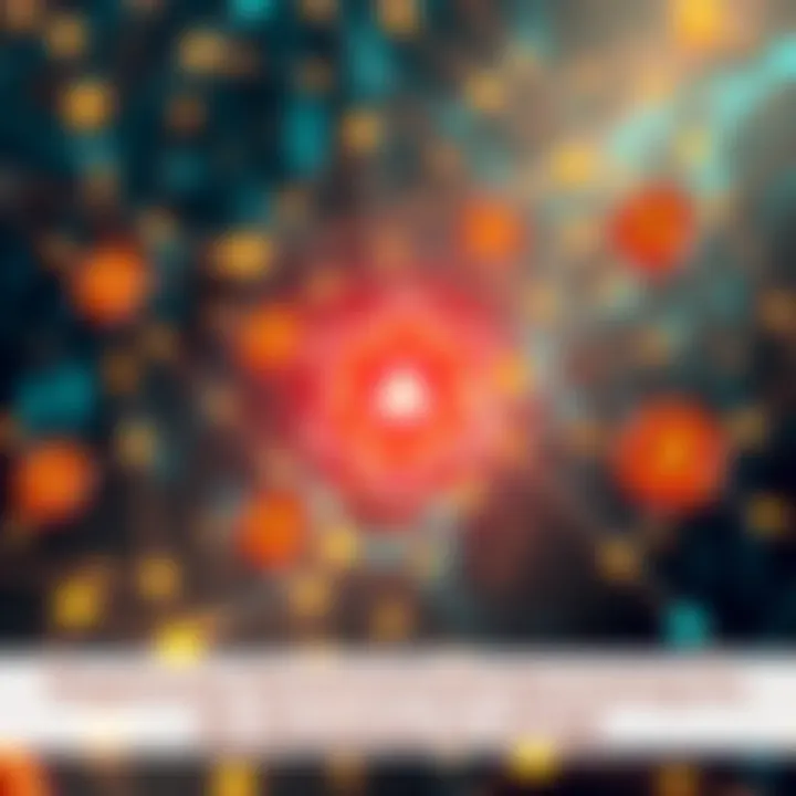 A digital representation of decentralized lending and borrowing concepts with ATOM cryptocurrency symbols and transactions visualized in a blockchain network