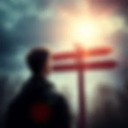 A person looking at a signpost with multiple arrows pointing in different directions, symbolizing choices to be made.