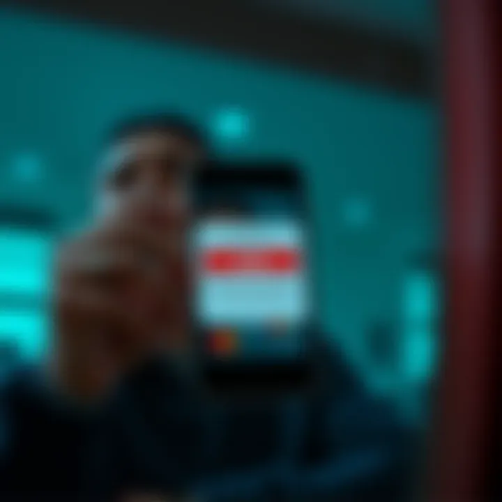 A smartphone displays a declined payment notification for an explorer club membership, with a worried person in the background.