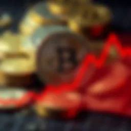 Declining Bitcoin Value A graph showing Bitcoin's value decreasing over time with a red downward trend line and coins in the background.