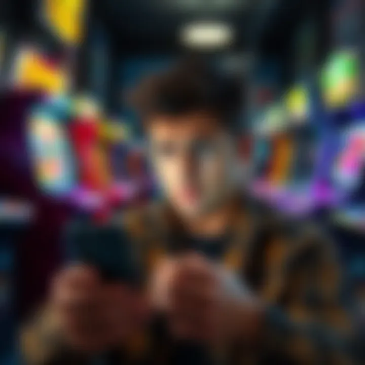 A person looking disappointed while playing a mobile game on their phone, surrounded by nostalgic arcade games in the background.