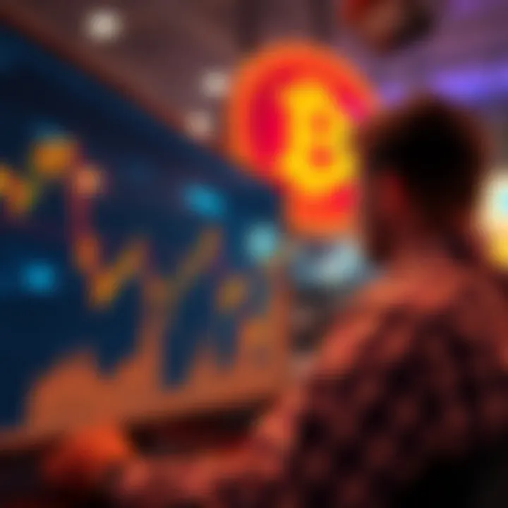 Graph showing a downward trend in Bitcoin prices, with a worried person looking at the screen