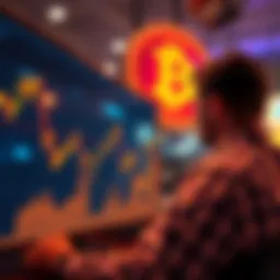 Declining Bitcoin Value Graph showing a downward trend in Bitcoin prices, with a worried person looking at the screen