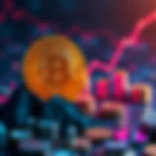 A digital representation of Bitcoin's value decreasing, with a contrasting rise of asset-backed currency icons in the background.