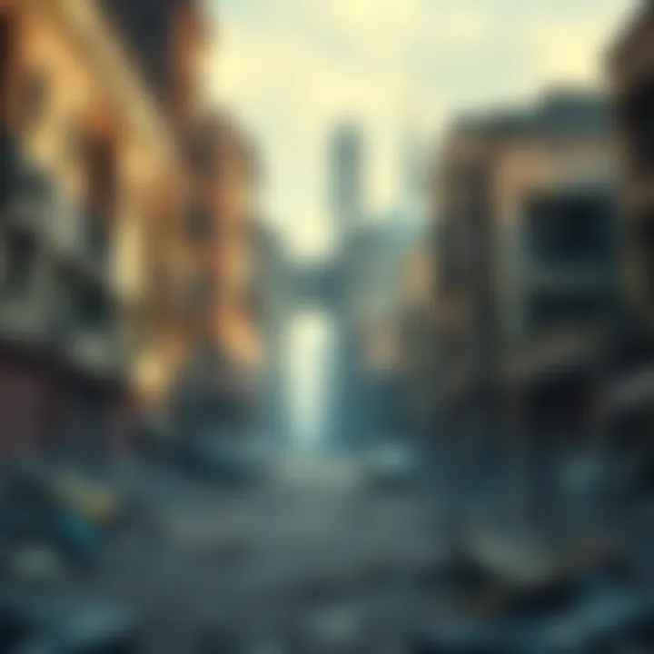 A city with crumbling buildings and littered streets, symbolizing societal decay.
