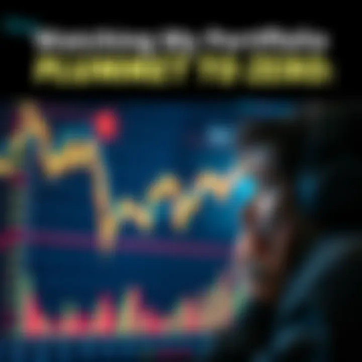 A visual of a stock chart showing a downward trend with a worried person looking at it in despair.
