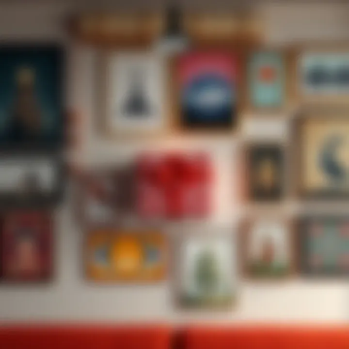 A colorful gift box hanging on a wall with various art styles around it, showcasing creative wall décor options.