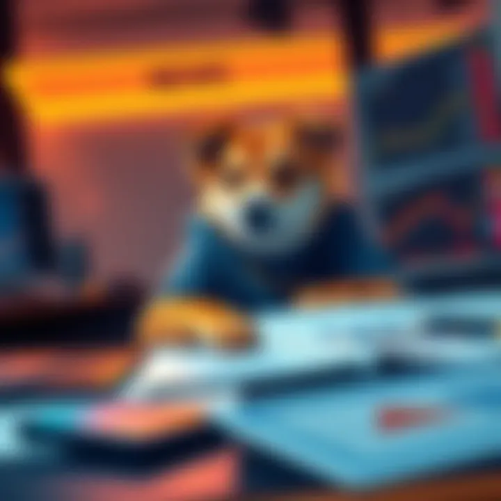 A devoted investor sits at a desk with financial charts and a Dogecoin logo, showing focus and determination despite stress.