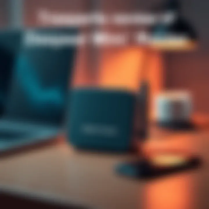 A Deeper Connect Mini VPN router placed on a desk with a laptop and a smartphone nearby, showing its compact design and connectivity options.