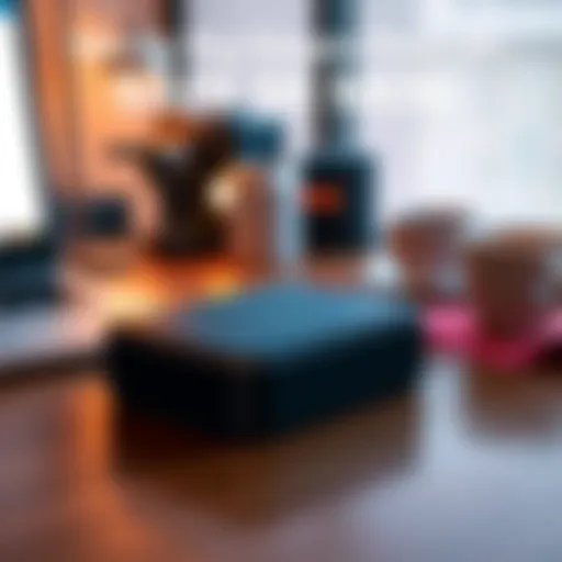 A Deeper Connect Mini device placed on a wooden desk with a laptop and a cup of coffee nearby, symbolizing safe browsing options.
