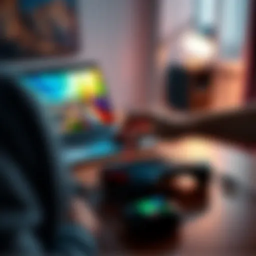 A person configuring a Deeper Connect Pico with an NVIDIA Shield on a desk with a laptop and cables around.