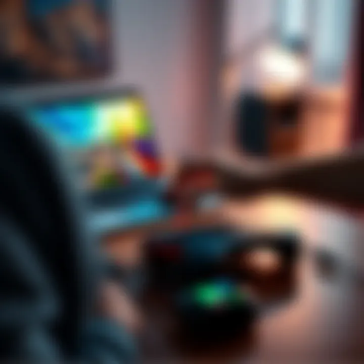 A person configuring a Deeper Connect Pico with an NVIDIA Shield on a desk with a laptop and cables around.