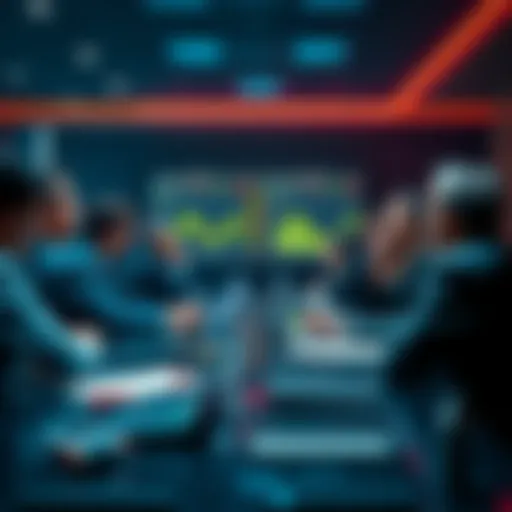 DeFi Strategy Meeting People discussing decentralized finance strategies at a meeting, focusing on risk and structured investments.