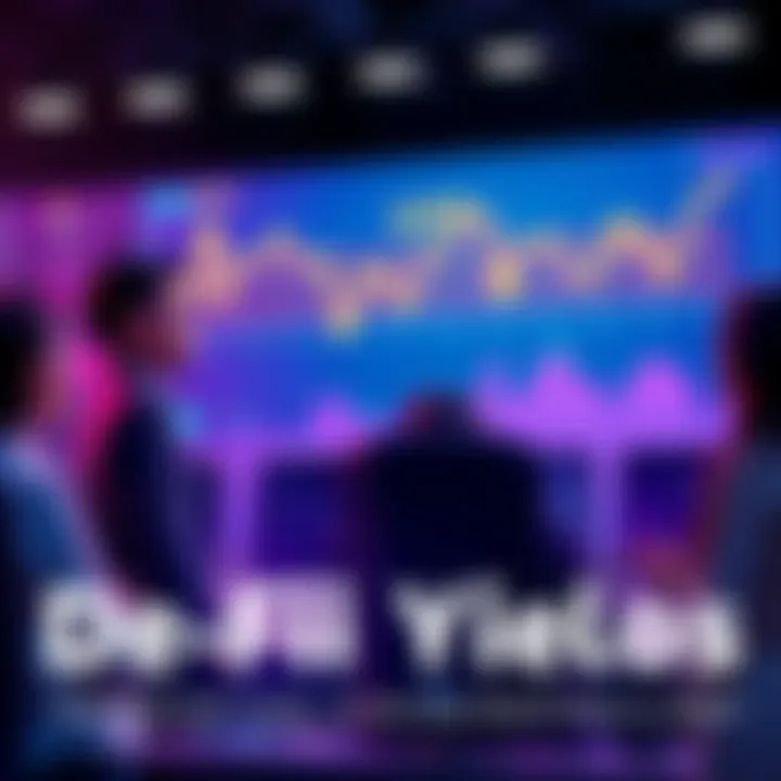 DeFi Yields and Risks Discussion People engaging in a conversation about decentralized finance opportunities and risks, with charts showing high APYs and market volatility in the background.