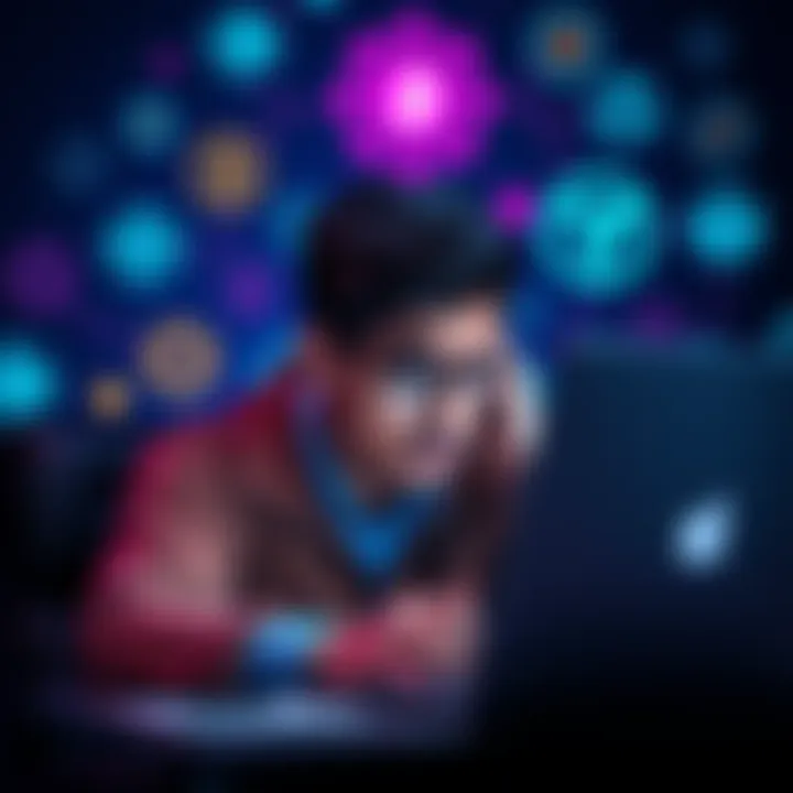 A person looking stressed while checking DeFi platforms on a laptop, surrounded by icons representing various protocols.