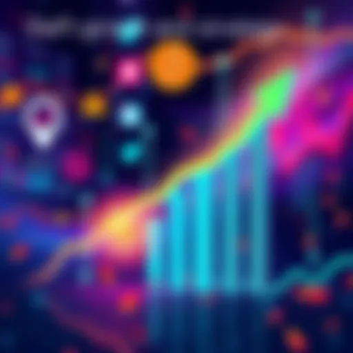 An illustration showing a digital finance chart with upward arrows representing growth, surrounded by symbols of safety and sustainability, highlighting the evolution of DeFi strategies.