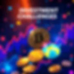 A graphic showing fluctuating charts and coins representing decentralized finance challenges like unstable yields and fees.