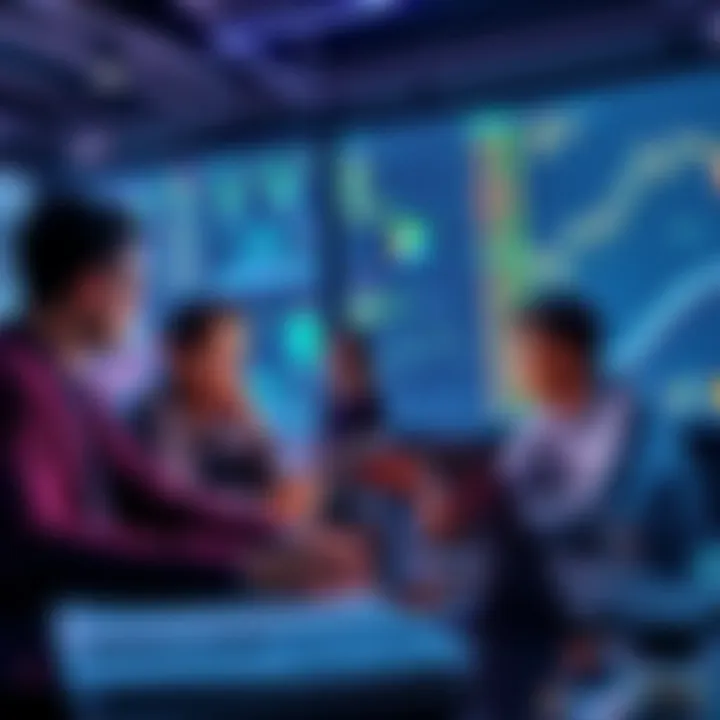 A group of serious investors discussing advanced tools for decentralized finance, with laptops and charts in front of them.