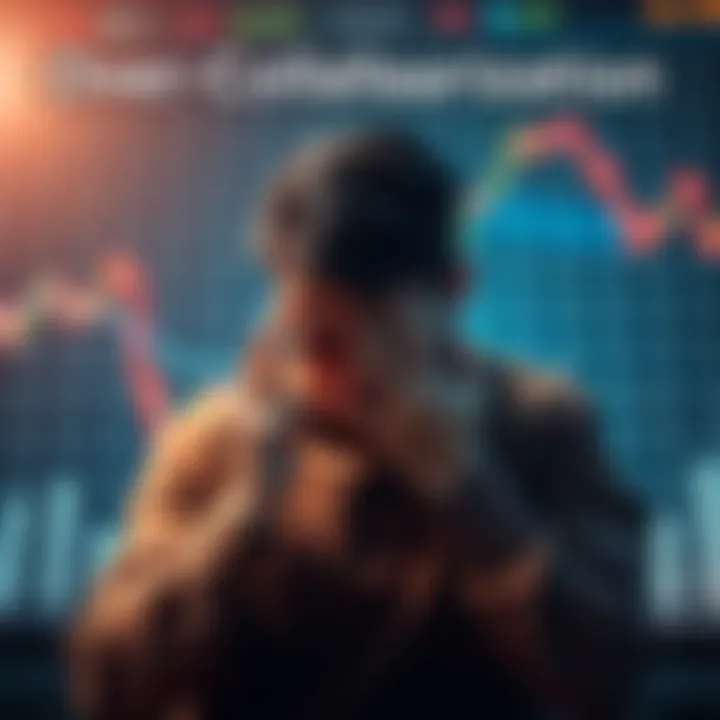 A visual representation of over-collateralization in DeFi lending, showing a person frustrated by locked assets and a declining market graph in the background.