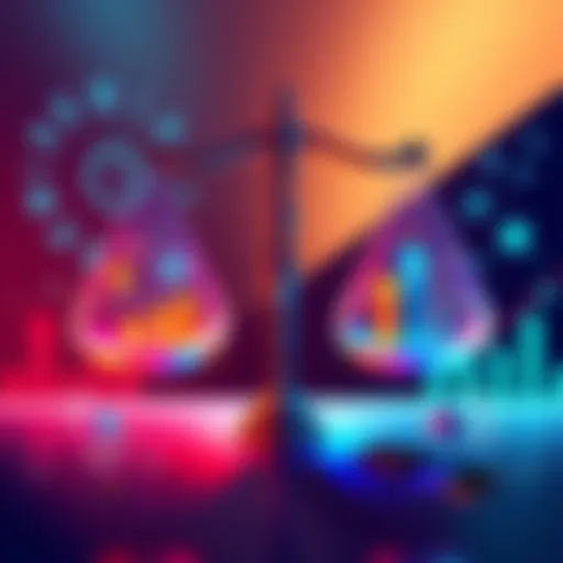 Illustration showing two balance scales with innovation on one side and risk controls on the other, surrounded by symbols of finance and technology.