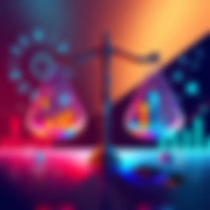 Illustration showing two balance scales with innovation on one side and risk controls on the other, surrounded by symbols of finance and technology.