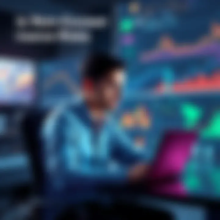 A person sits at a desk with a laptop, looking at charts and graphs related to decentralized finance risks, with a thoughtful expression.