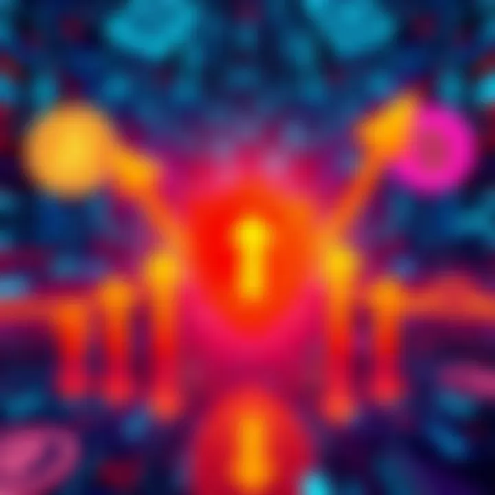 A graphic showing the rise in security measures in DeFi, with shield icons and upward arrows against a backdrop of digital currency symbols.