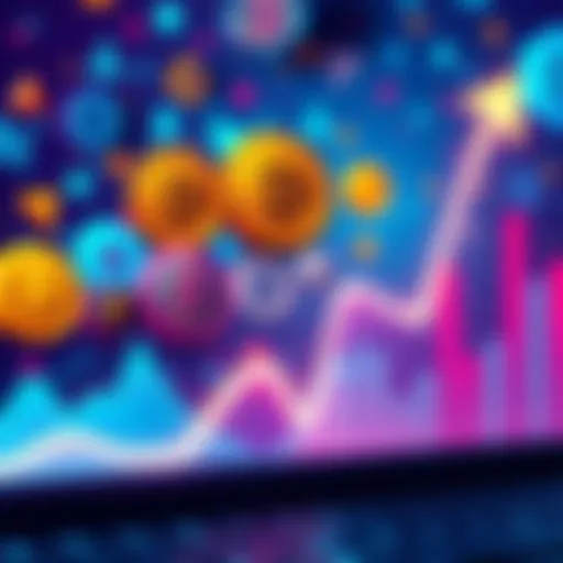 A graph showing a downward trend in DeFi token values, with symbols of popular cryptocurrencies in the background, representing failed projects.