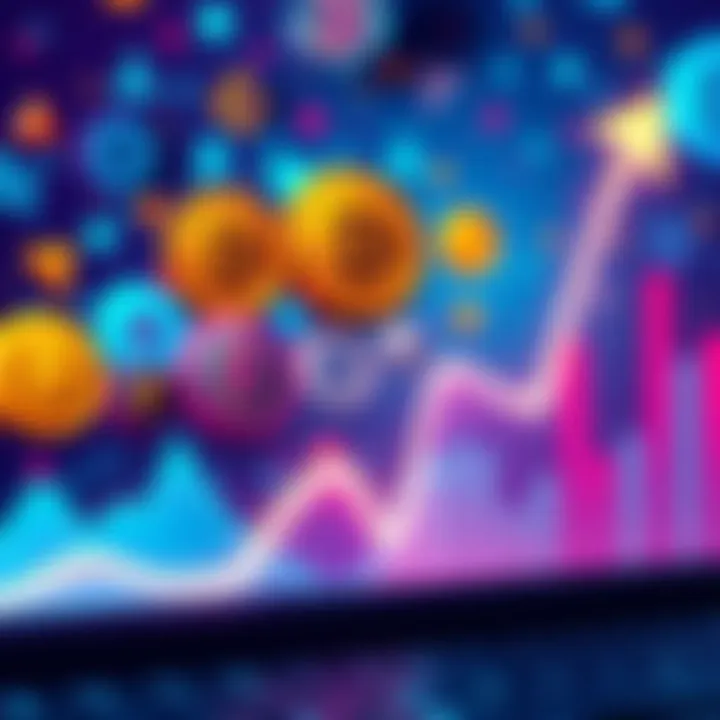 DeFi Tokens on a Downward Trend A graph showing a downward trend in DeFi token values, with symbols of popular cryptocurrencies in the background, representing failed projects.