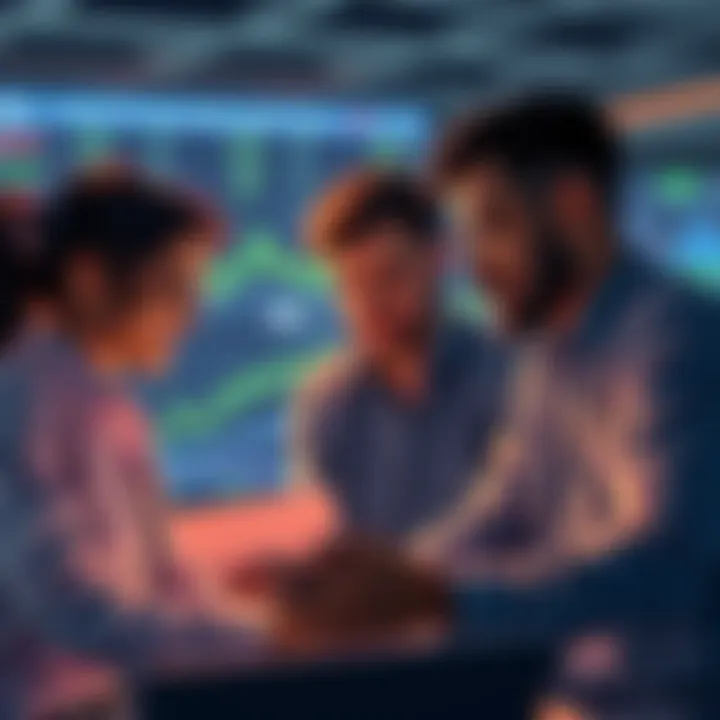 A group of people discussing decentralized finance trading strategies with charts and laptops