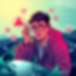 An illustration showing a person looking confused while navigating the complexities of DeFi yield farming, with icons representing bridging and unstaking around them.