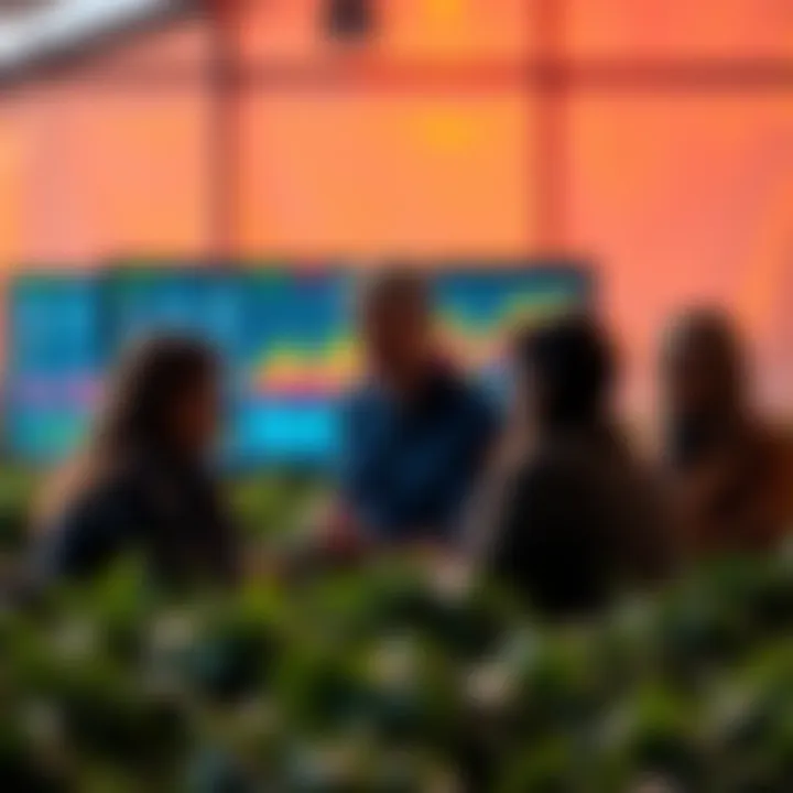 A group of people discussing risks and challenges in DeFi yield farming, with graphs and charts displayed on a screen in the background.
