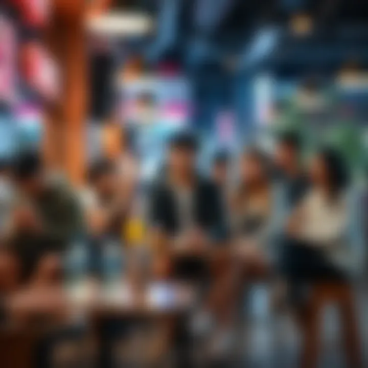 A group of young people engaging in casual activities at a coffee shop, showcasing different fashion styles and interests, representing the degen lifestyle.