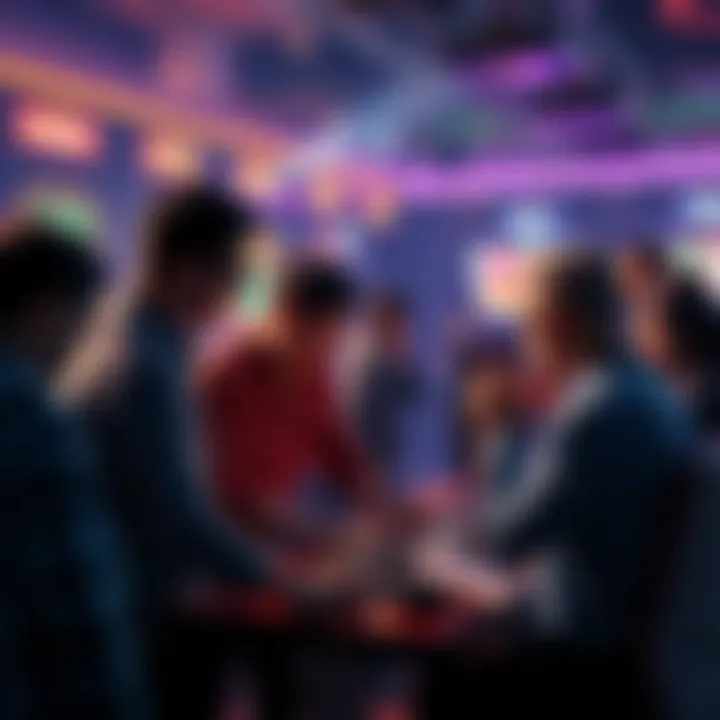 A group of people gathered around a computer screen, excitement in the air as they engage in online gambling and discussions about risks.