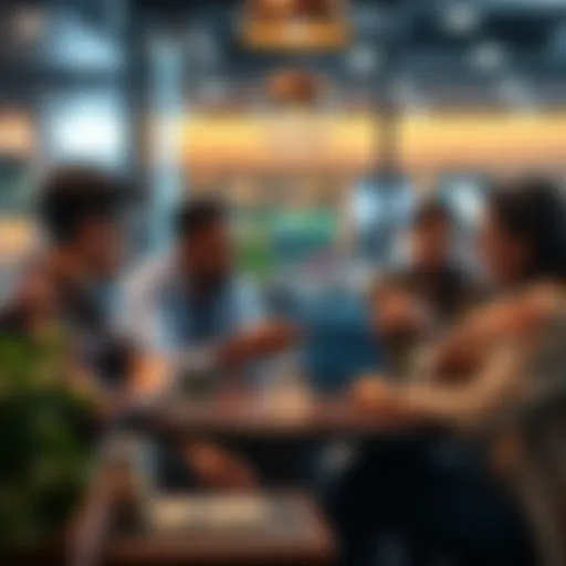 A group of diverse people discussing cryptocurrencies and investments at a café, with charts and graphs on a laptop screen showing fluctuating values.