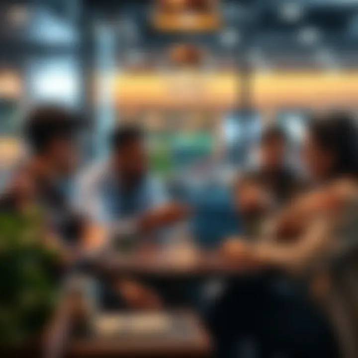 A group of diverse people discussing cryptocurrencies and investments at a café, with charts and graphs on a laptop screen showing fluctuating values.