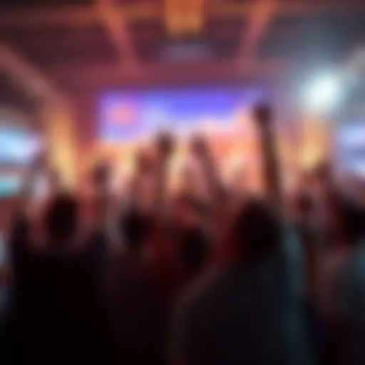 Group of people celebrating their success in a market setting, showing excitement and trends on screen behind them.