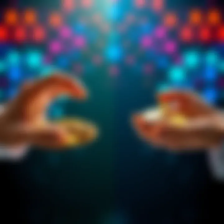 Differences between Delegating and Staking A split image showing a person weighing two options: delegating and staking in cryptocurrency. One side shows a hand holding coins for staking, and the other side shows a hand giving coins for delegat...