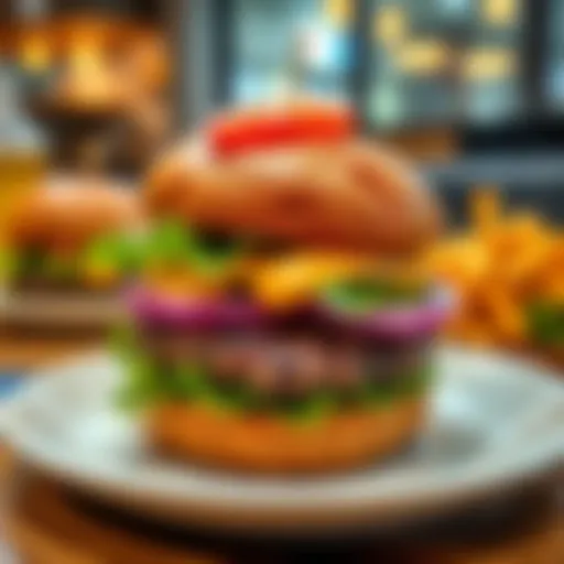 Delicious Burger on a Plate A mouthwatering burger with fresh toppings served on a plate, ready to be enjoyed.